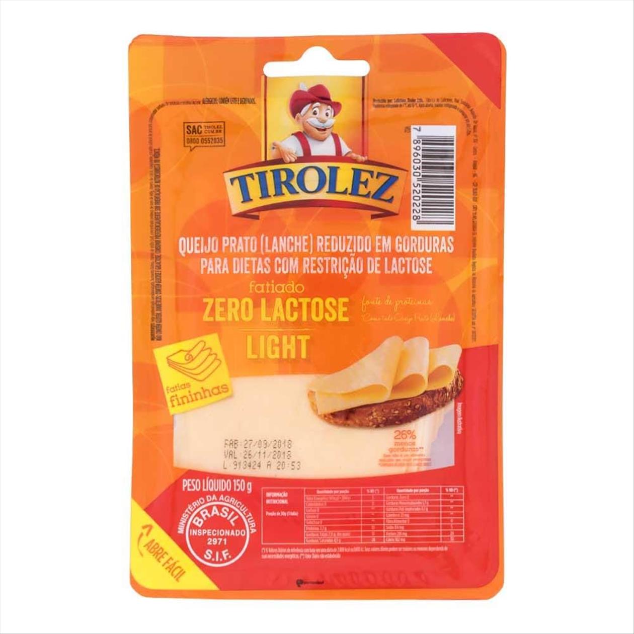 Queijo Prato Lanche em Fatias  Zero Lactose Light  Tirolez    Bandeja  150