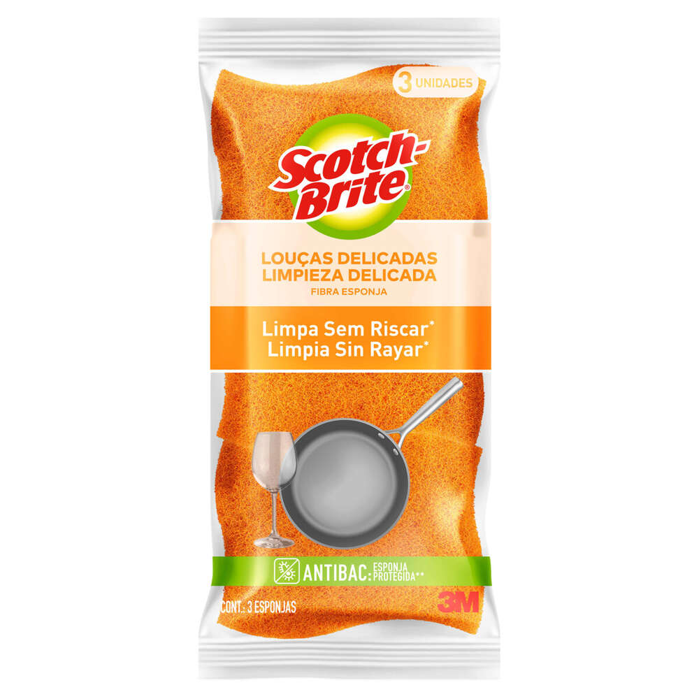 Esponja Laranja Não Risca Louças Delicadas Scotch-Brite Antibac 3 Unidades
