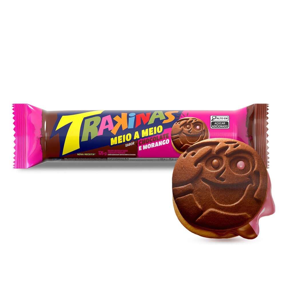 Biscoito Trakinas Meio a Meio Chocolate e Morango 126g