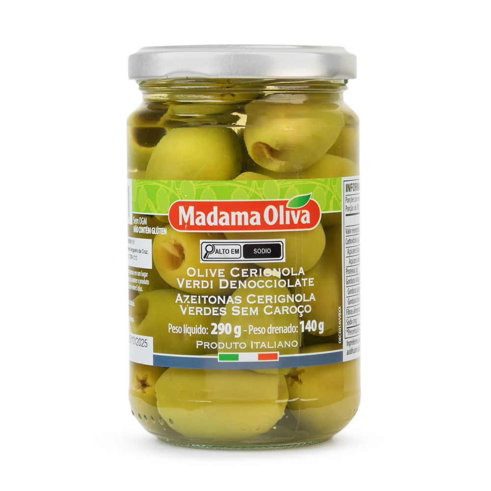 Azeitona Verde Sem Caroço Italiana Madama Oliva Cerignola Vidro 290g