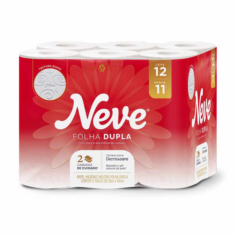 Papel Higiênico Folha Dupla Neve Toque de Seda Dermacare  Pacote Leve 12 Pague 11 Unidades
