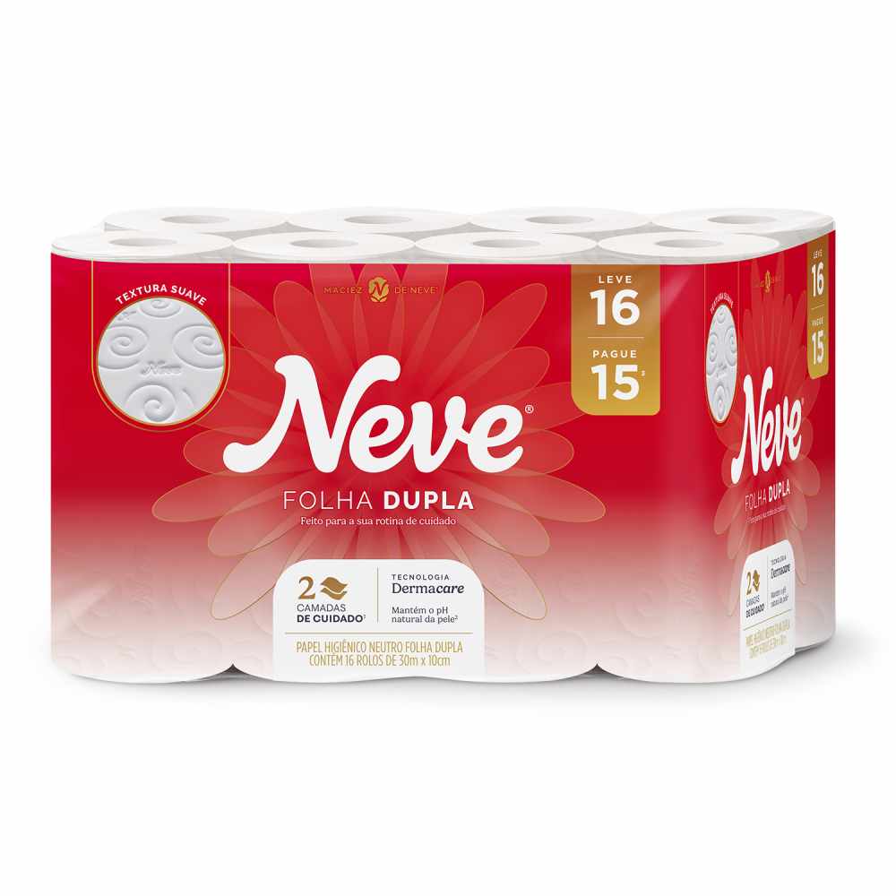Papel Higiênico Folha Dupla Neve Toque De Seda Dermacare Pacote Leve 16 Pague 15 Unidades
