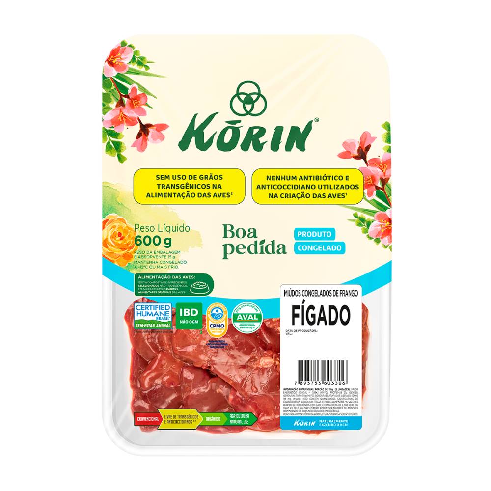 Fígado De Frango Congelado Livre De Transgênicos Korin Bandeja 600g