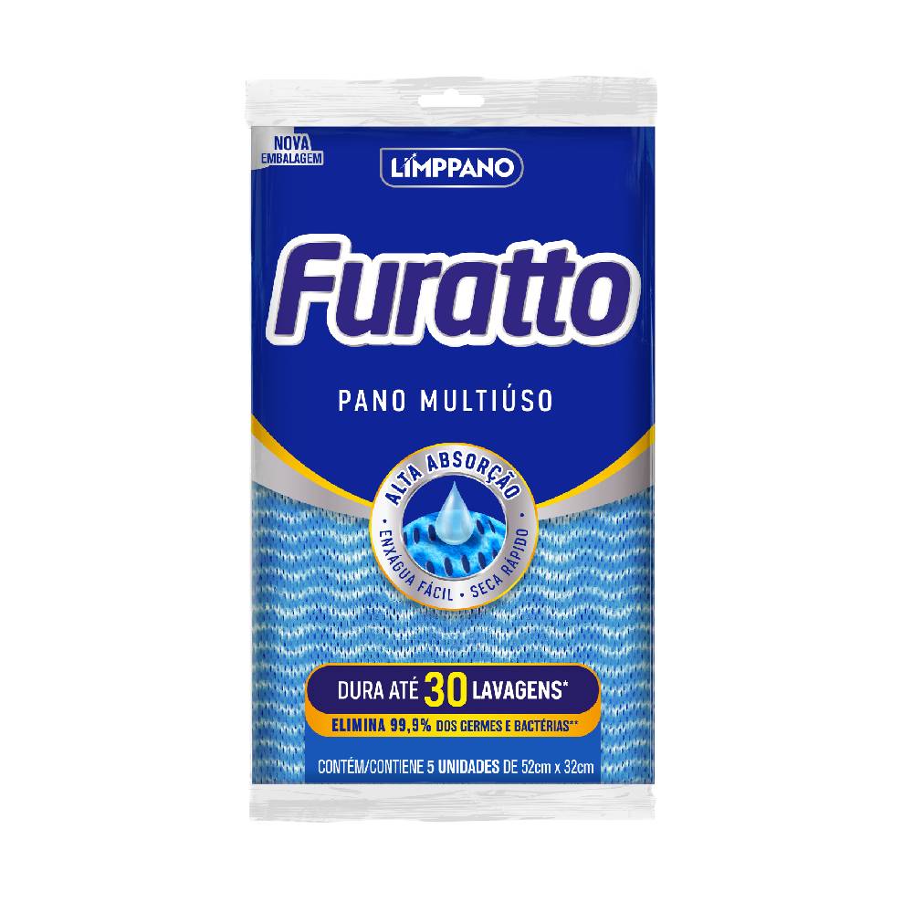 Pano de Limpeza Multiuso Antibacterial Limppano Furatto Azul 5 Unidades